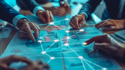 Close-up of hands pointing at a graph with a glowing network overlay. A team of business professionals are working together to analyze data.