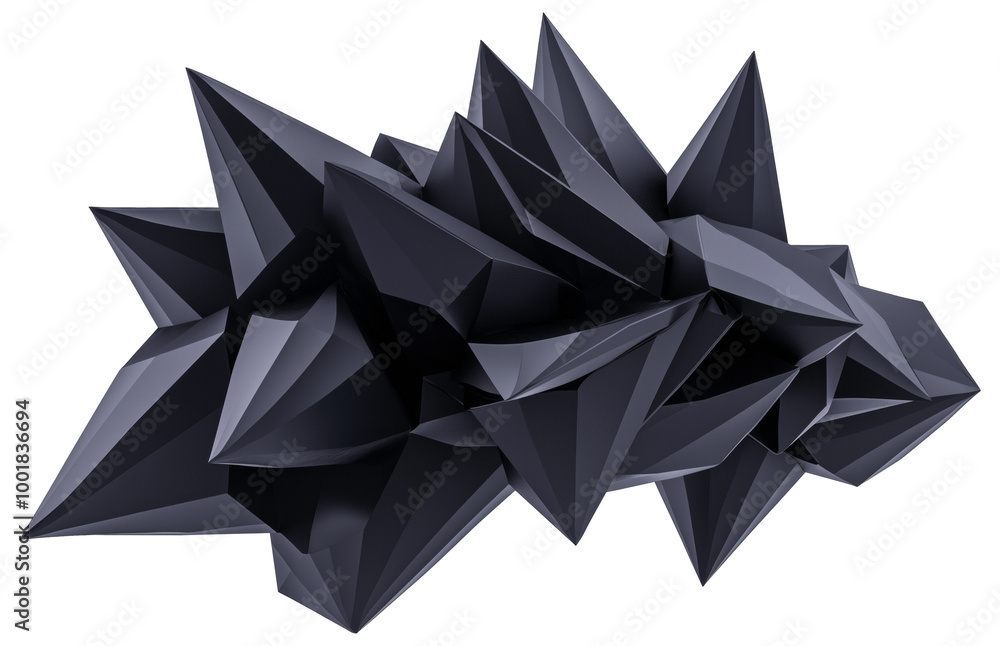 Wall mural abstract black geometric sculpture with sharp edges displayed prominently isolated on transparent ba