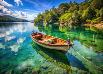 Rustic Wooden Fishing Boat Moored by the Tranquil Shoreline Surrounded by Calm Water and Nature