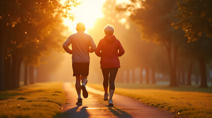 Senior couple jogging together in scenic park at sunrise