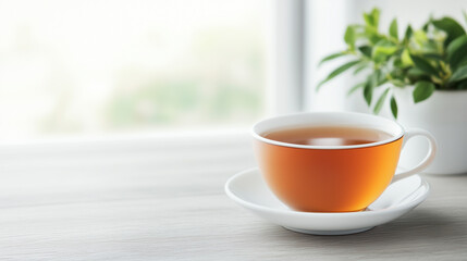 A warm cup of tea sits on saucer, surrounded by serene indoor setting with plant in background, evoking sense of calm and relaxation.