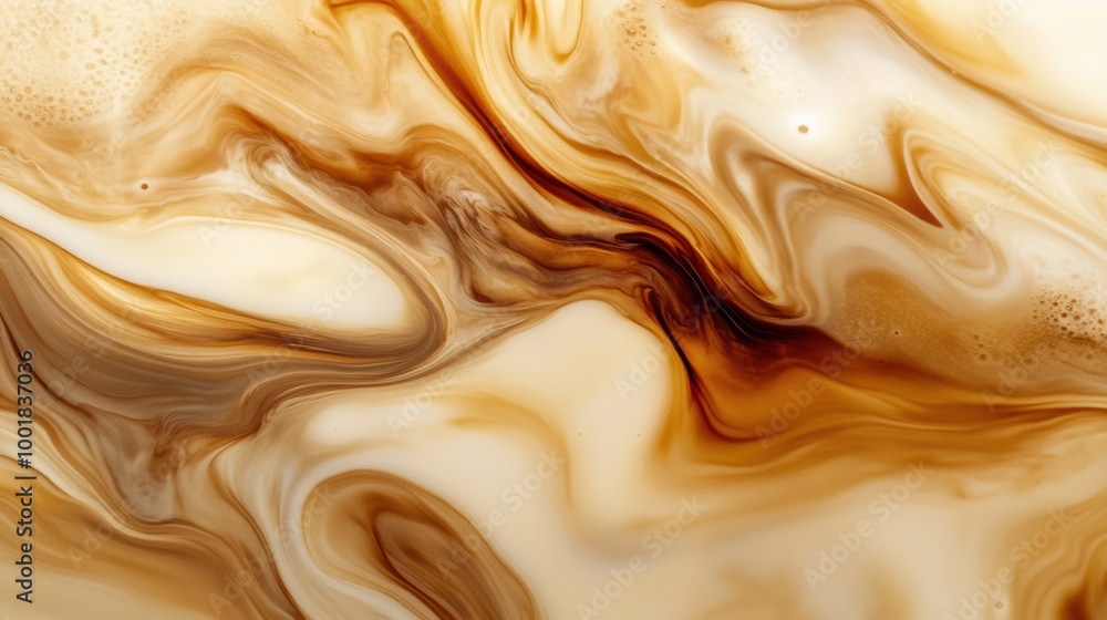 Sticker Swirling coffee blends effortlessly with milk in an abstract display of rich colors and textures in a warm, inviting setting. Generative AI