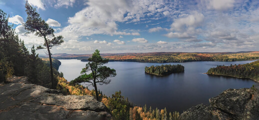 Looking west over Whitefish Lake from Centennial Ridges Trail in Algonquin Provincial Park,...