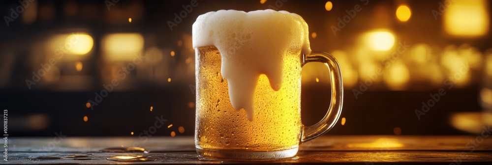 Poster A frothy beer mug overflowing with foam on a rustic wooden table in a warm and inviting tavern atmosphere. Generative AI