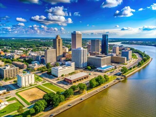Fototapeta premium Scenic View of Downtown Baton Rouge with Skyscrapers and Riverfront Under a Clear Blue Sky