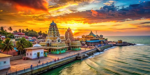 Scenic View of Rameshwaram Temple and Serene Seaside Landscape in Tamil Nadu, India at Sunset