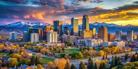 Scenic view of the Denver skyline with mountains and vibrant city life under a bright blue sky