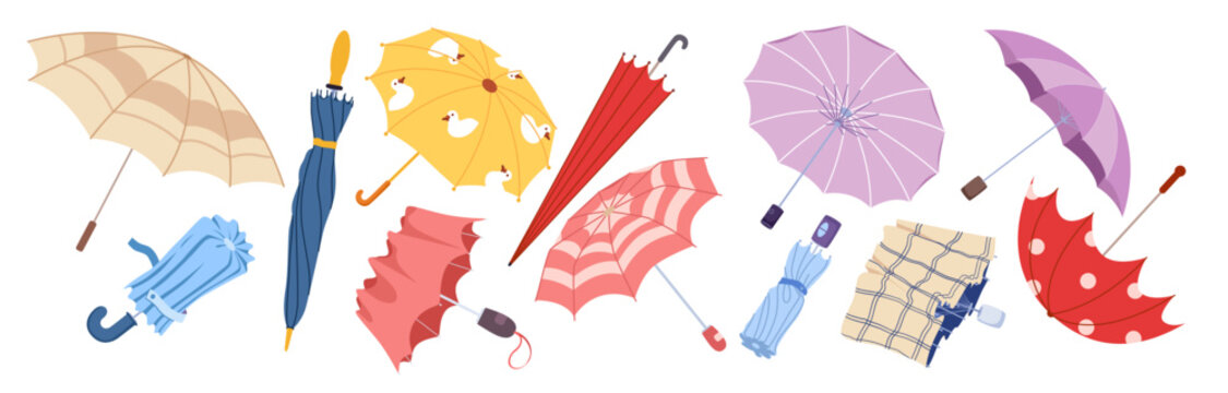 Open and closed umbrellas of different colors set. Fashion rain protection accessory collection for adults and children, folded small umbrella, funny parasol with pattern cartoon