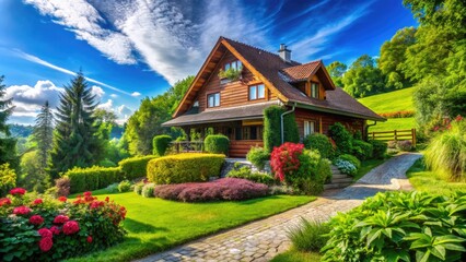 Obraz premium Serene Background of a Cozy House Surrounded by Lush Greenery and Clear Blue Sky in Daylight