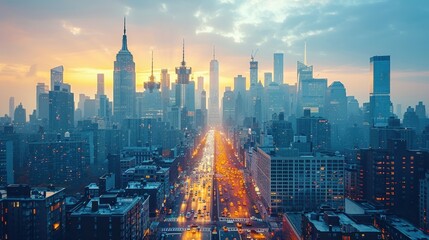 Vector illustration of a bustling cityscape with skyscrapers, cars, and people in urban surroundings 