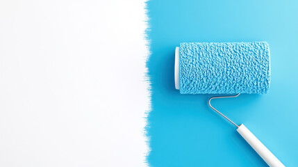 Obraz premium bright blue paint roller on clean white background, with copy space for text
