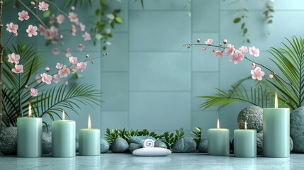 Vector illustration of a peaceful spa scene with candles, plants, and wellness elements 