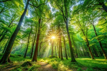 Fototapeta premium Serene Forest Landscape with Lush Green Trees and Sunlight Filtering Through the Canopy Above