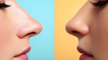 Obraz premium Close-up of nose showing blackhead removal before-and-after, pores transitioning from clogged to clean and refined, Photorealistic, High Detail