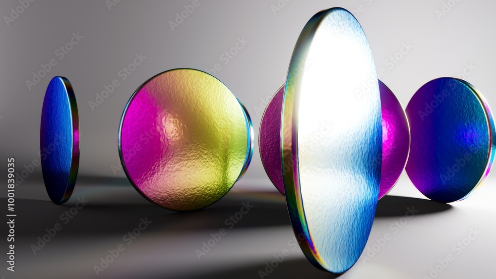 Poster abstract modern minimal background with holographic round mirrored shapes. 3d rendering.