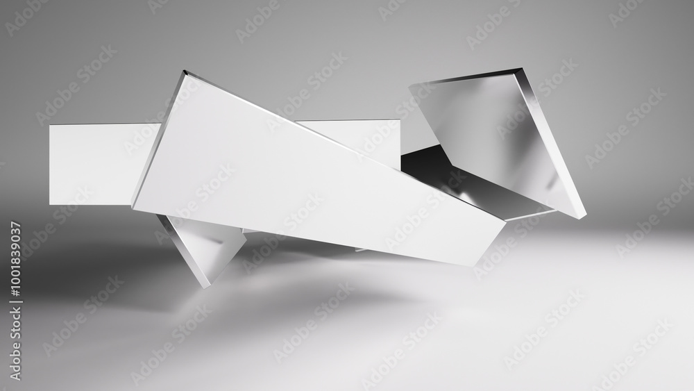 Poster 3d rendering. silver mirrored blocks with contrasting shadows and caustics floating over the white b