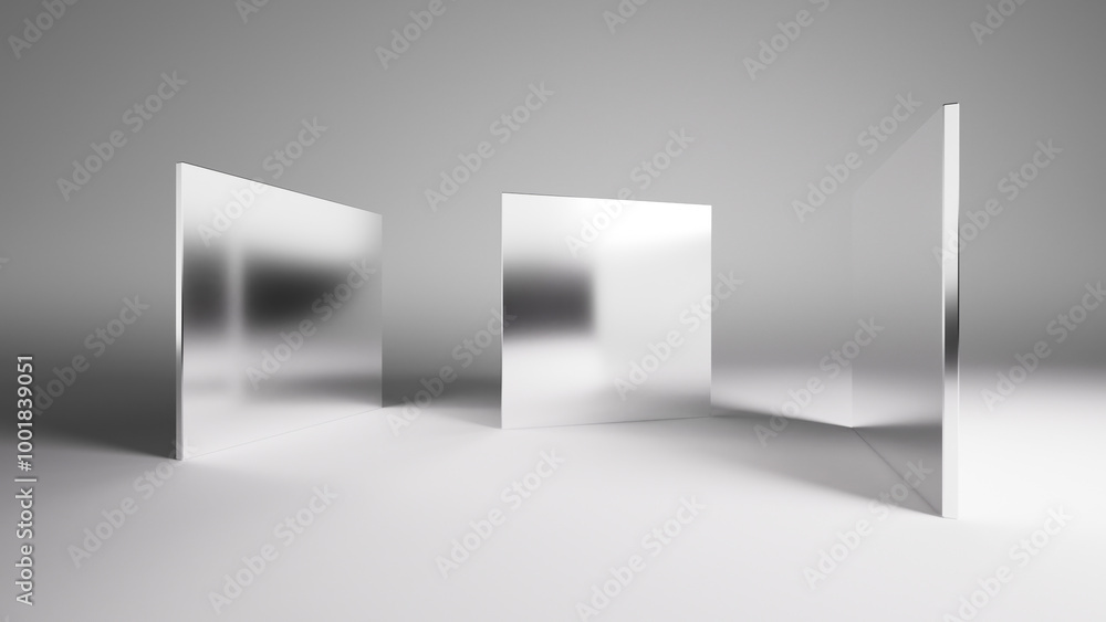 Poster 3d rendering. abstract geometric wallpaper, silver mirrors with contrasting shadows and caustics. si