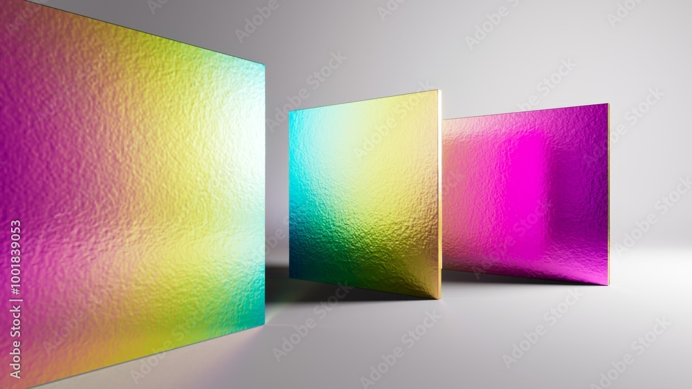 Poster mirrored shapes in polished holographic steel with contrasting shadows and caustics. simple square s