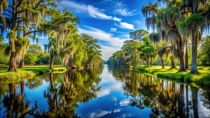 Obraz premium Serene Louisiana Landscape with Moss-Draped Trees and Tranquil Waterway Under Clear Blue Sky