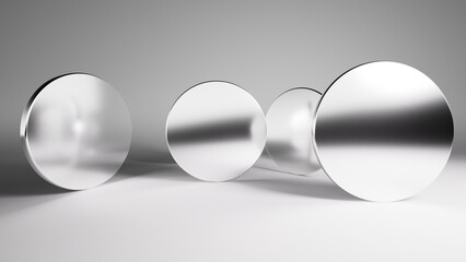 Abstract minimalist monochrome background with round mirrors inside the white room, polished silver steel flat geometric shapes. 3d render. Minimalist wallpaper
