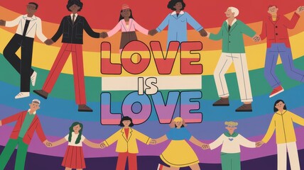 Text Love Is Love with Rainbow Colors and Diverse Figures Holding Hands