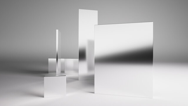abstract 3d background. Geometric square shapes inside the white room, casting shadows under the studio lights. Polished metallic panels, rectangular mirrors with blurred reflections