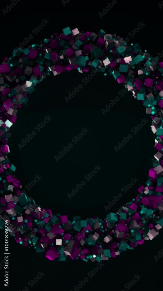Poster abstract 3d ring created by tiny small particles that flying away isolated on black background. anim