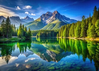 Fototapeta premium Serene Mountain Landscape with Lush Green Forest and Clear Blue Sky Reflecting in Tranquil Lake