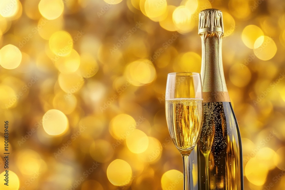 Poster a bottle of champagne and a flute glass filled with sparkling wine against a shimmering golden backg