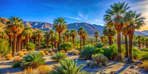 Serene Palm Desert Landscape with Lush Palm Trees and Vibrant Desert Flora Under Clear Blue Sky