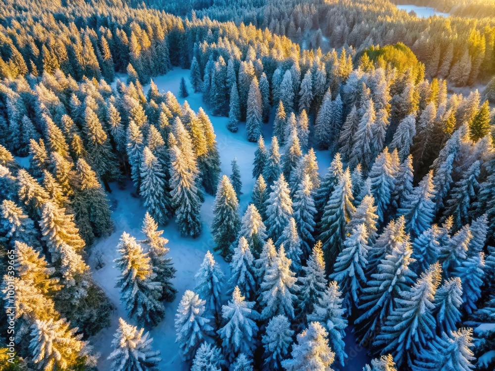 Poster serene snow-covered forest landscape with tall pines and soft light filtering through the trees
