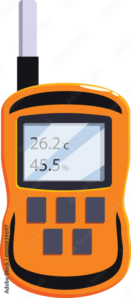 Poster portable digital thermometer displaying temperature and humidity readings, essential tool for enviro