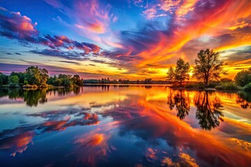 Serene Sunset Over Tranquil Lake with Reflections of Colorful Sky and Silhouetted Trees in View