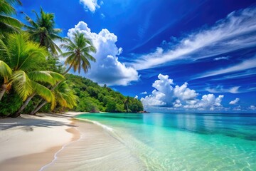 Serene Tropical Beach Background Wallpaper with Clear Blue Sky and Soft White Sand for Relaxation