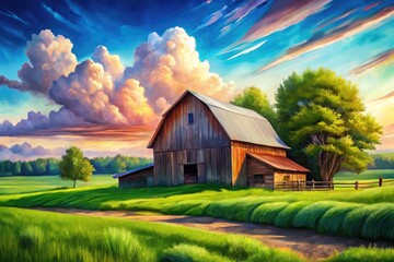 Obraz premium Serene Watercolor Landscape Featuring a Rustic Barn Surrounded by Lush Green Fields and Sky