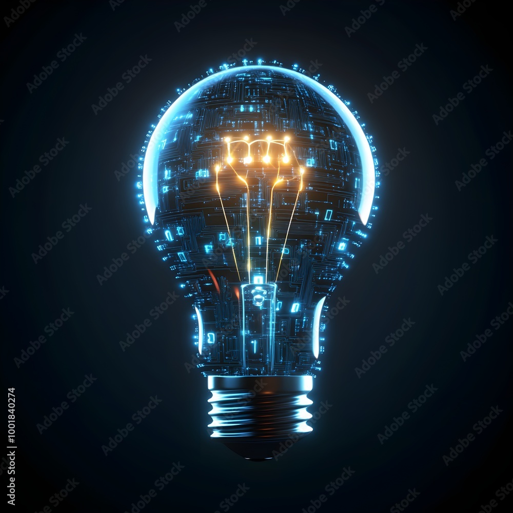 Fototapete a light bulb integrated with digital circuit lines and binary digits, floating on a minimalist flat 