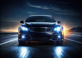 Sleek Black Car Headlight Illuminating the Road in a Dark Night with a Mysterious Atmosphere