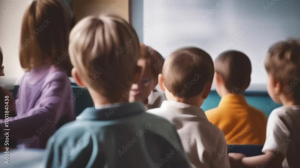 Poster young students in a diverse classroom listen attentively to their teacher, eager to learn and develo