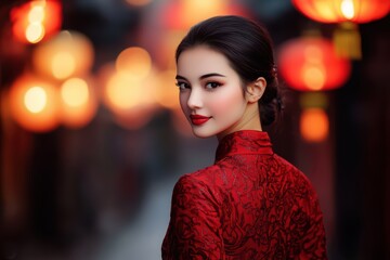 Fototapeta premium A beautiful woman dressed in a traditional red outfit shines against a backdrop of softly glowing lanterns, exuding elegance and cultural charm.