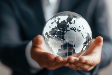 A business professional holding a transparent globe, symbolizing global connectivity and strategy in a modern workplace setting.