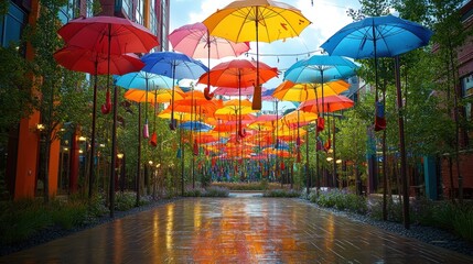 Naklejka premium A collection of colorful umbrellas hanging in the air as part of a street art installation 