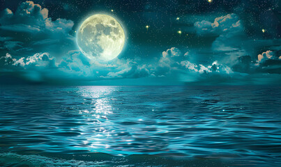 
A beautiful night sea with a full moon and clouds, turquoise water, glowing lights under the waves in a fantasy, dreamy style