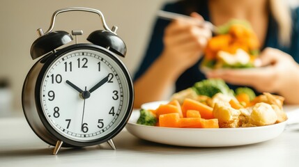 Time for Meal  Alarm Clock and Healthy Food on Table