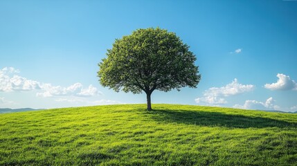 Obraz premium A single tree standing alone in the middle of a vast green field under a clear blue sky 