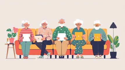 Seniors in the digital Illustrate the elderly seamlessly integrating technology into their lives: browsing, chatting, learning. Showcase their adaptability with high-resolution imagery.
