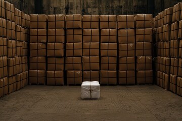A spacious warehouse filled with stacked brown boxes, featuring a single white package at the center, highlighting storage and organization.