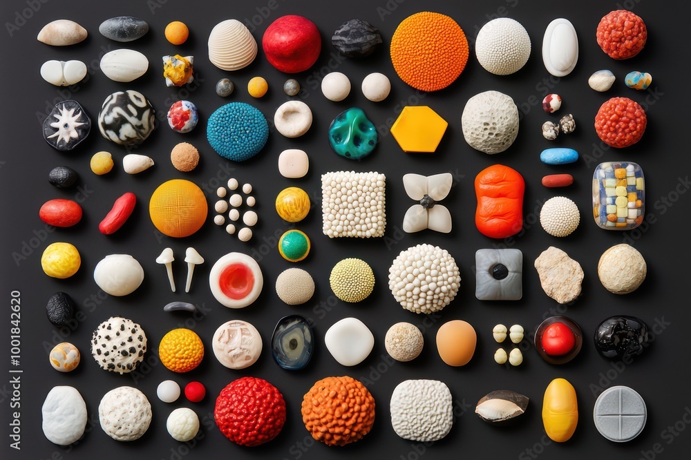 Poster a vibrant collection of assorted textures and shapes in various colors, displayed on a dark backgrou