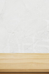 Wood table and white wall background in kitchen, Wooden shelf, counter for food and product display in room background, Wood table top, desk surface banner, mockup, template, vertocal