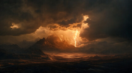 Obraz premium Dramatic thunderstorm over mountain range with lightning strikes illuminating dark clouds at sunset