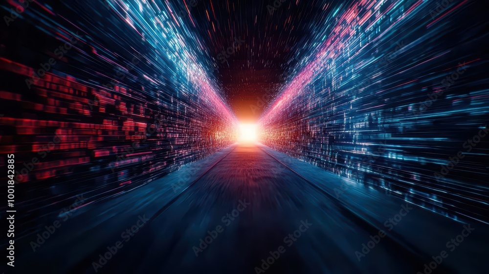 Poster Abstract digital tunnel with vibrant lights creating a sense of depth and motion, ideal for futuristic themes and technological concepts.